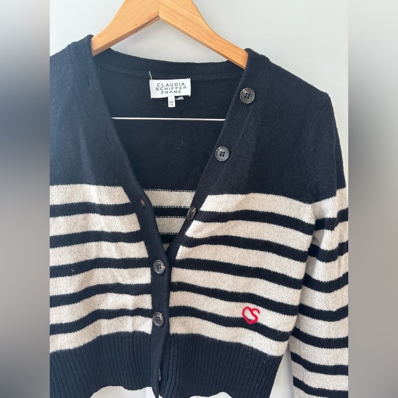 Frame Denim Black and Cream Striped cashmere Cardigan - Picture 1 of 6